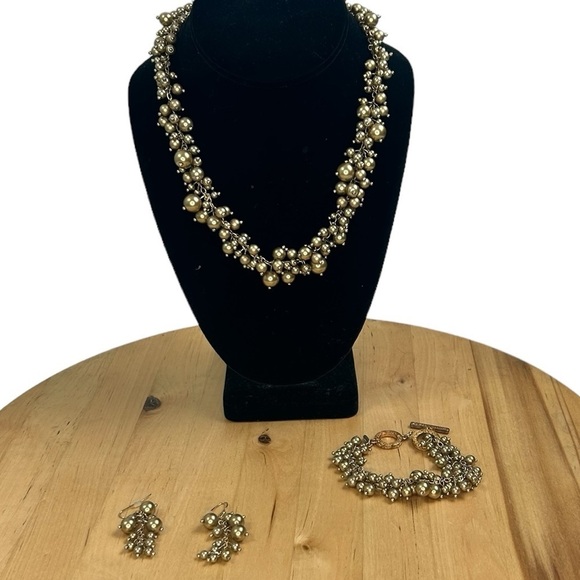 Premier Designs Beaded Necklace Bracelet Earrings Gold Tone Cluster Demi-Parue - Picture 3 of 12